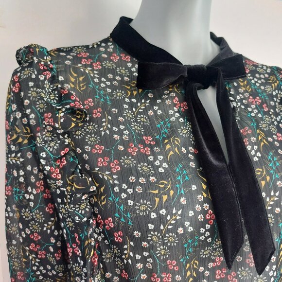 Zara Sheer Floral Mini Dress L Romantic Velvet Trim Goth Cottagecore Tie Neck - Picture 5 of 16